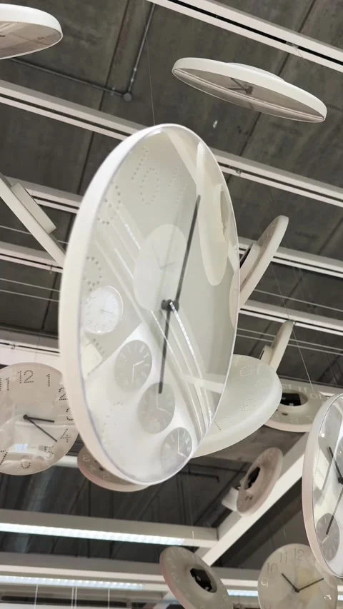 Many Large Round White Wall Clocks Hanging Display Close Up. The concept of the Stock Footage 342890106