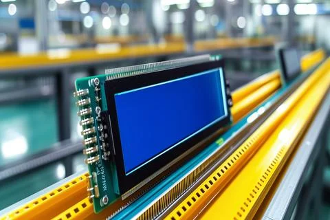 Many LCD displays on a table, with microcircuits and microchips and connectin Stock Photos