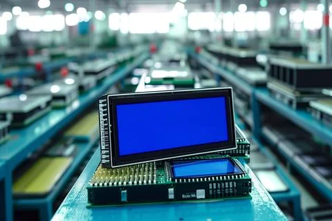 Many LCD displays on a table, with microcircuits and microchips and connect.. Stock Photos