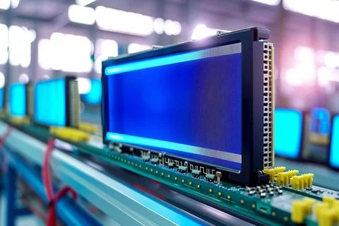 Many LCD displays on a table, with microcircuits and microchips and connect.. Stock Photos
