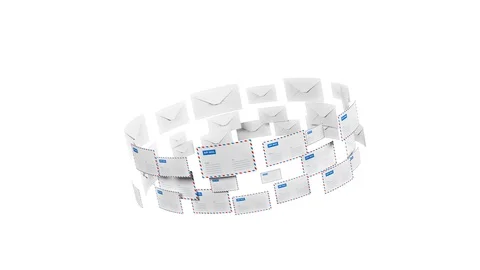 Many letters fly in a circle. Internet mail. Correspondence 47. Video stock 105012418