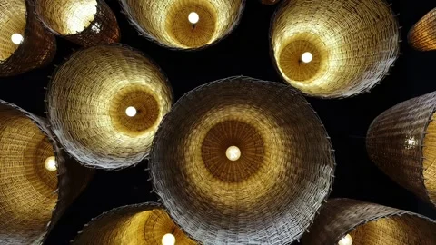 Many light bulbs on the ceiling, many unusual chandeliers, handmade chandelier Stock Footage 254510567