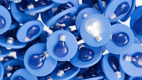 Many light bulbs falling, 3d render animation. Concept of a great idea, Eureka Stock Footage 278244393