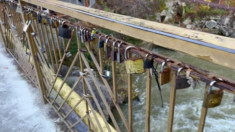 Many locks on the bridge Stock Footage 254626882