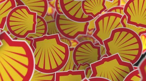 Many logos of ROYAL DUTCH SHELL. Editorial 3D rendering Ilustración de archivo