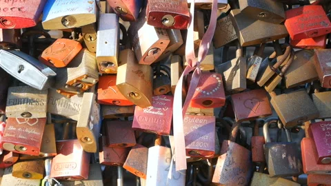 Many love locks on a bridge in Cologne Stock Footage 119532940