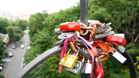 Many lovers locks on the bridge Stock Footage 78059948