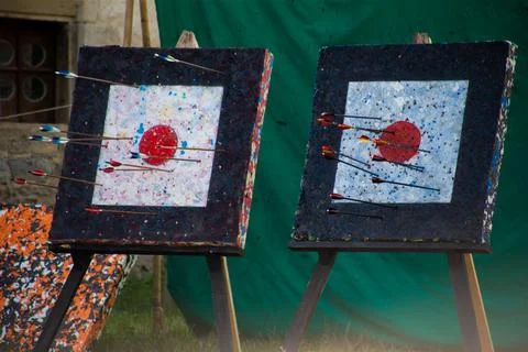 Many medieval arrows hit the target Stock Photos