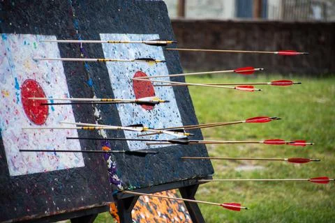 Many medieval arrows hit the target Stockfoto's