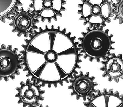 Many metallic cogwheels engaged 3d illustration isolated on white background Ilustración de archivo
