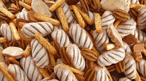 Many mixed breads and rolls shot from above. 3d rendering Stock Illustration