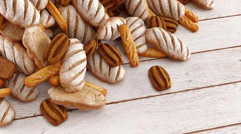 Many mixed breads and rolls shot from above. 3d rendering Stock Illustration