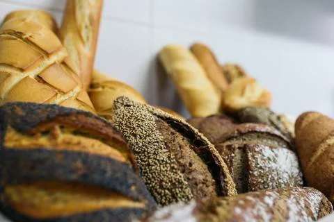 Many mixed breads and rolls. Stock Photos