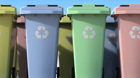 Many mobile garbage bins for sorting domestic waste. Loopable 3D animation Stock Footage 109135039