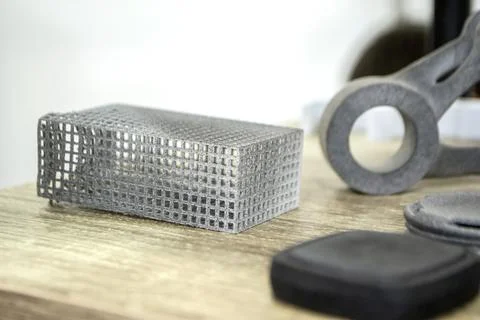 Many models gray printed on 3D printer. Gray objects printed on 3D printer Foto stock