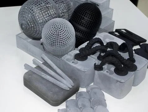Many models printed on 3D printer. Gray and black objects printed 3D printer. Stock Photos