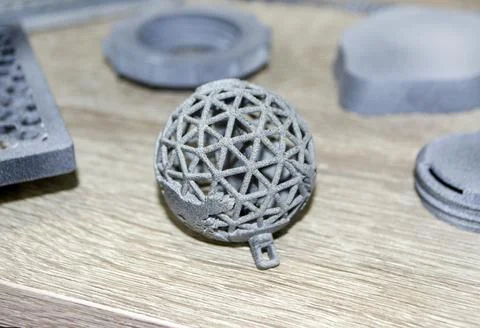 Many models printed on 3D printer. Gray and black objects printed on 3D printer Foto stock