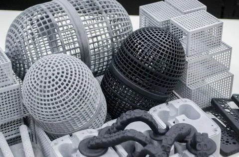 Many models printed on 3D printer. Gray and black objects printed 3D printer. Foto stock