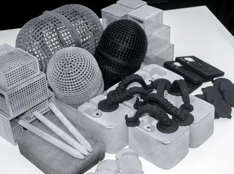 Many models printed on 3D printer. Gray and black objects printed 3D printer. Foto stock