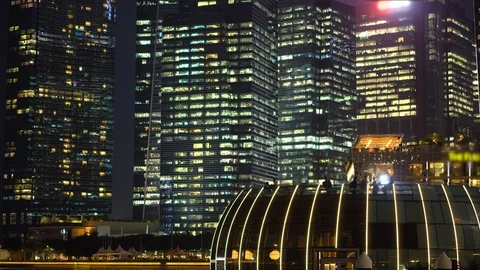 Many Modern Office Skyscraper Buildings at Night in Finance District Singapore Stock Footage 114644582