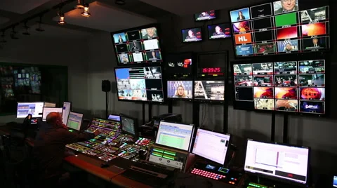 Many monitors in the control room studio TV channel. Stock Footage