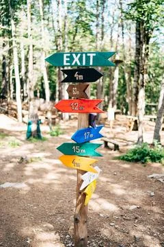 Many multi-colored arrow pointers hang on a pole in a green forest Many mu... Foto stock