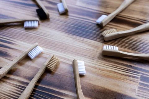 Many multi-colored bamboo toothbrushes Stock Photos
