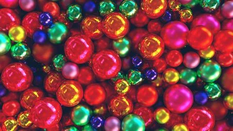 Many multi-colored christmas balls toys background texture render. Illustrazione stock