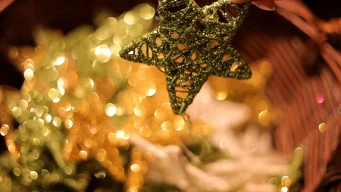 Many multi-colored Christmas sparkling Christmas toys in a basket. Stock Footage 70797438