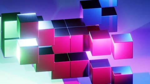 Many multi-colored cubes, the camera flies around them 360.Green red blue purple Stock Footage 300655838