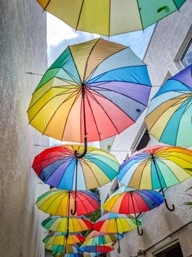 Many multi colored umbrellas decoration Stock Photos