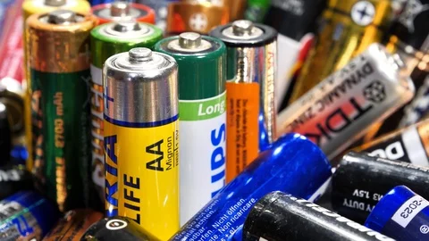 Many multi-colored used batteries AA types from various manufacturers Stock Footage 127241263