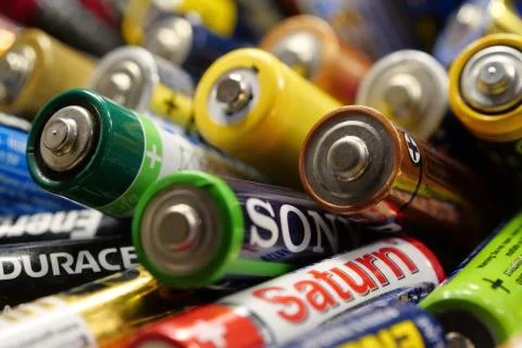 Many multi-colored used batteries from various manufacturers Photos