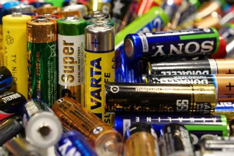 Many multi-colored used batteries from various manufacturers Photos