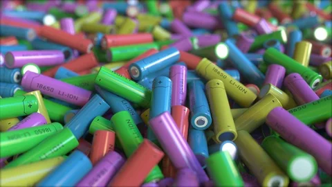 Many multicolor lithium-ion batteries, close-up. 3D animation Stock Footage 117988476