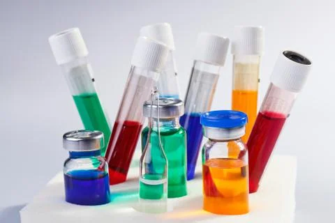 Many multicolor test tubes and bottles medical still life 스톡 사진