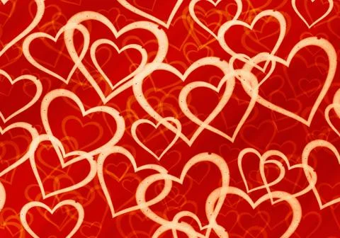 Many multicolored hearts on red background Stock Illustration