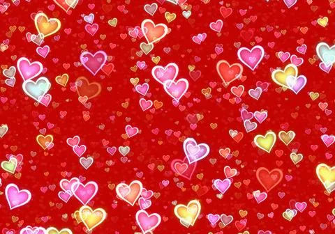 Many multicolored hearts on red background Illustrazione stock