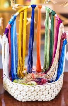 Many multicolored silk thread prepared for making picture embroidery in vie.. Stock Photos