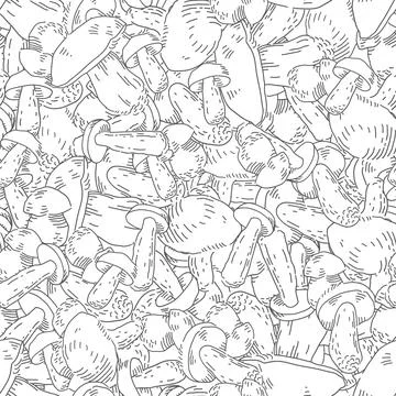 Many Mushrooms linear seamless pattern. Natural food theme vector background Illustrazione stock