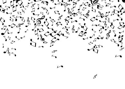 Many music notes and treble clefs falling on white background Stock Illustration