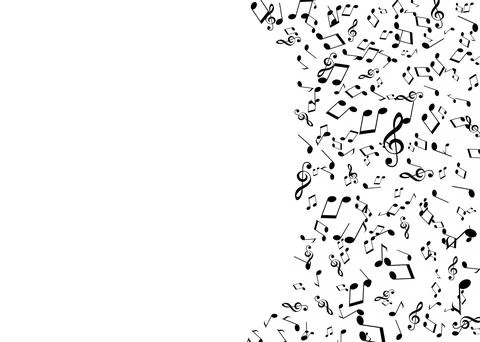 Many music notes and treble clefs flying on white background Stock Photos