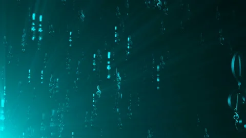 Many music notes, keys fly in rays, 3d abstract modern backdrop, computer Stock Footage 97854338