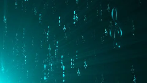Many music notes, keys fly in rays, 3d abstract modern backdrop, computer gen 스톡 일러스트