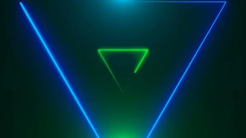 Many neon triangles in space, abstract computer generated backdrop, 3D render Stock Illustration