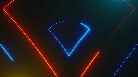 Many neon triangles in space, abstract computer generated backdrop, 3D render Illustrazione stock