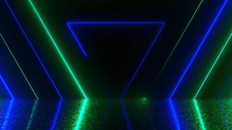 Many neon triangles in space, abstract computer generated backdrop, 3D render Illustrazione stock