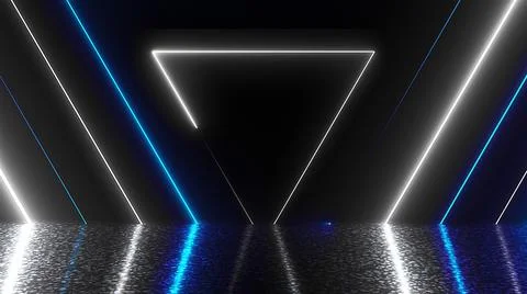 Many neon triangles in space, abstract computer generated backdrop, 3D render Stock Illustration