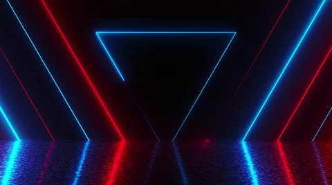 Many neon triangles in space, abstract computer generated backdrop, 3D render Stock Illustration