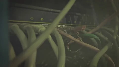 Many net wires. Plugged patch cable in a rack mounted server Stock Footage 146010786